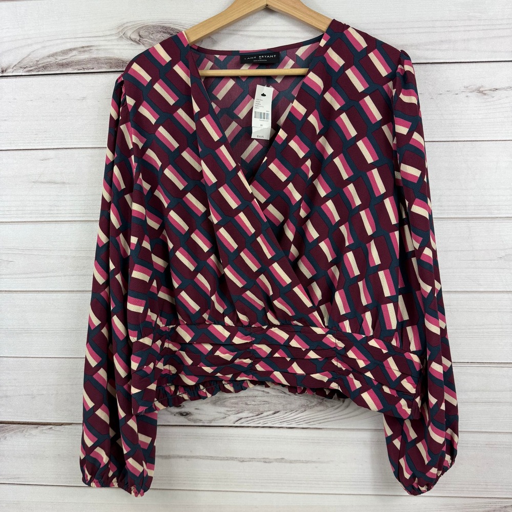 Lane Bryant Women's Blouse Size 20‎ Geometric Print Long Sleeve Surplice Top NWT